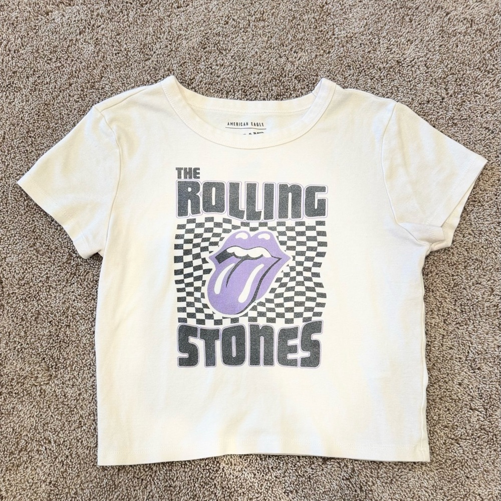 American Eagle Outfitters White Crop Top with Purple Graphic